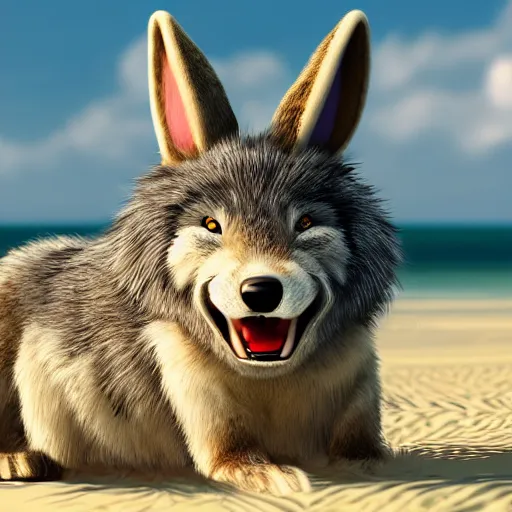 Prompt: a photorealistic adorable fierce furry monster wolf rabbit with a bow on its ears, Smiling at the camera with a mischievous grin, happy lighting, at a tropical beach