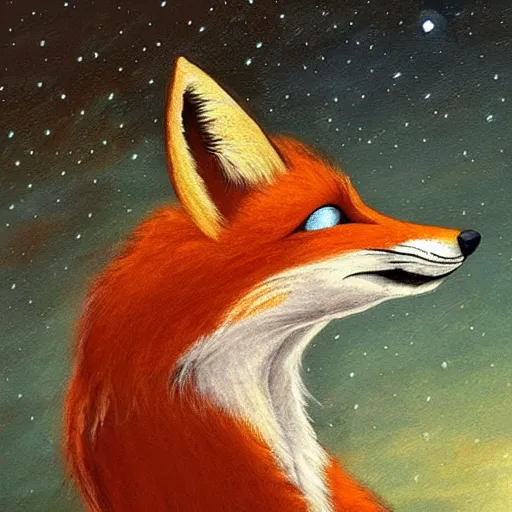 Prompt: furry fox looking up at the night sky, fantasy, high detail