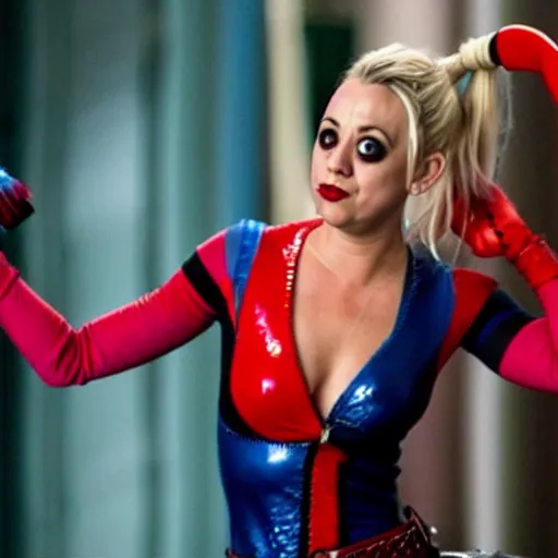 Image similar to A still of Kaley Cuoco as Harley Quinn, comics-accurate outfit