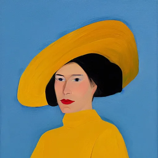 Image similar to woman with hat, by Alex Katz, colorful, yellow background, oil on canvas