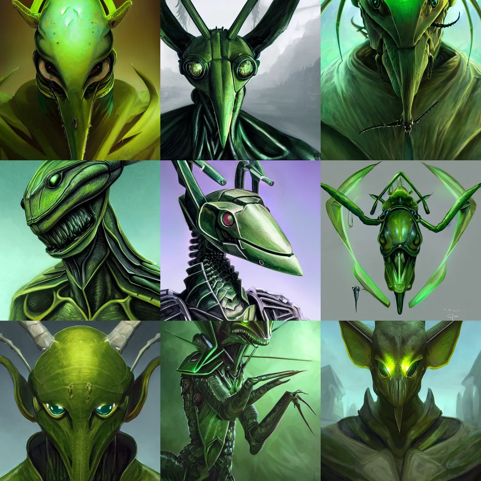 Prompt: portrait of green anthropomorphic mantis religiosa ; hard predatory look ; d & d rogue ; powerful front mandibles holding an enchanted dagger ; flat triangle - shaped head with antennae ; concept art ; artstation ; 8 k ; wallpapers ; heavy contrast ; cinematic art ; cgsociety ; art by greg rutkowski and artgerm