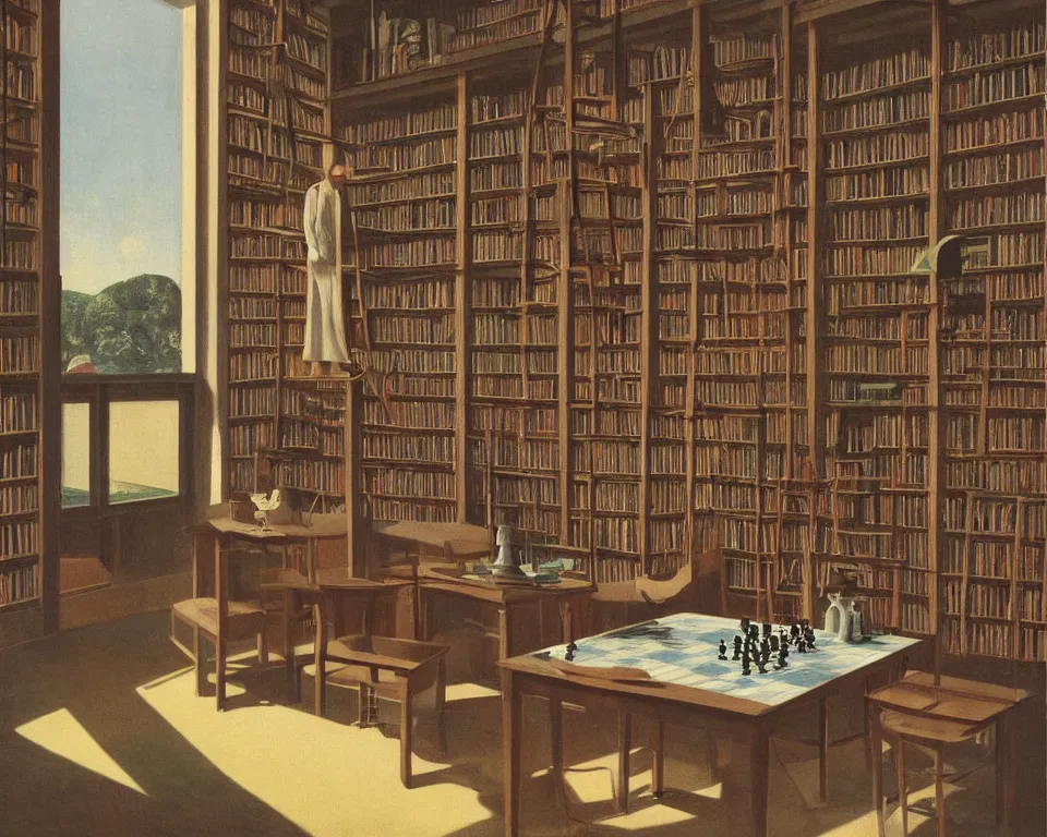 Prompt: an achingly beautiful print of a private library filled with rare books and potted plants and a modernist chess-set on the table by Raphael, Hopper, and Rene Magritte. detailed, romantic, enchanting, trending on artstation.