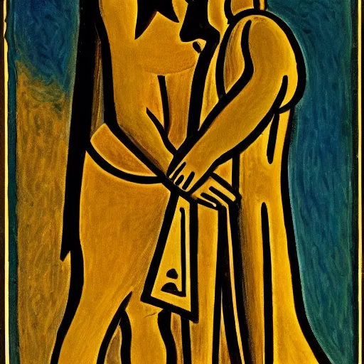 Image similar to ordered by alexander archipenko, by claude monet adventure time. a illustration of a large, black - clad figure of the king looming over a small, defenseless figure huddled at his feet. the king's face is hidden in shadow. menacing stance, large, sharp claws, dangerous & powerful creature.