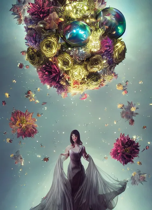 Image similar to An epic fantastic realism comic book style painting of the most beautiful spiraling entwined flowers launched exquisitely across the dark spinning universe, floating bouquets, fisheye, perfect shiny iridescent silver spheres, unreal 5, DAZ, hyperrealistic, octane render, dynamic lighting