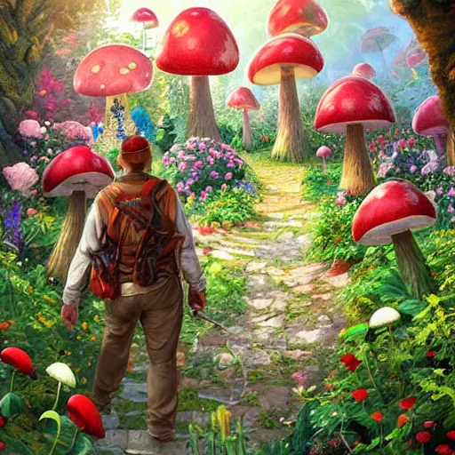 Image similar to portrait of Mario, walking through a garden of exotic flowers in the Mushroom Kingdom, giant red and white spotted mushrooms, and roses, from behind, Castle in distance, birds in the sky, sunlight and rays of light shining through trees, beautiful, solarpunk!!!, highly detailed, digital painting by Michael Garmash and Peter Mohrbacher