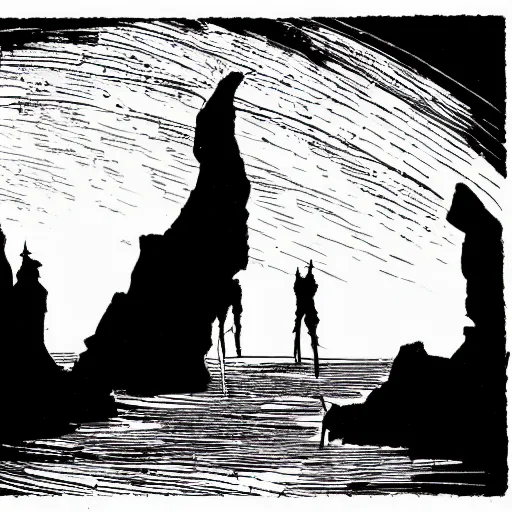 Prompt: Silhouettes of fishmen holding worshipping a statue in a dark cave. D&D. Pen and ink. Black and white. Mike Mignola.