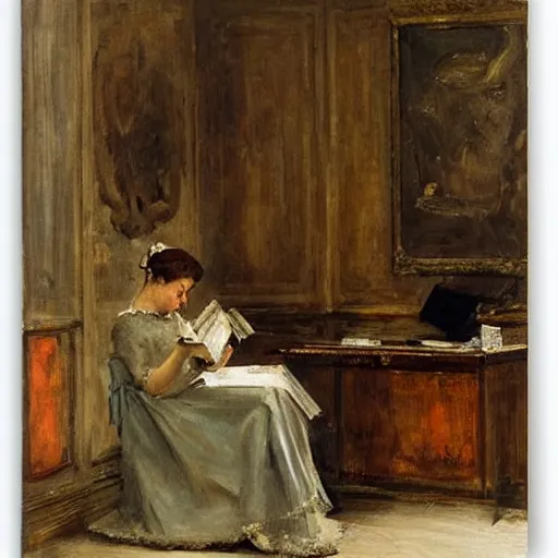 Prompt: woman reading a construction manual by alfred stevens