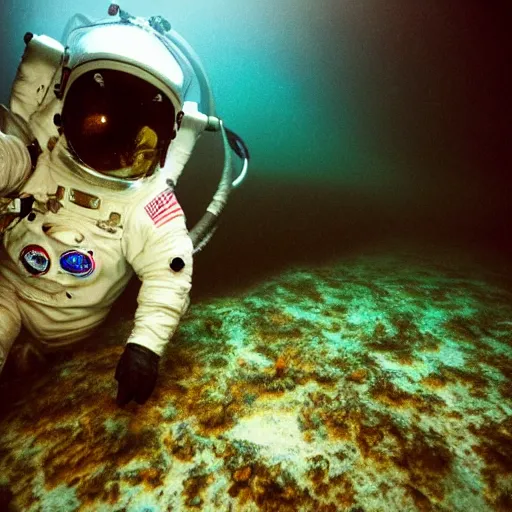 Image similar to underwater photograph of an astronaut exploring deep ocean creatures, eerie