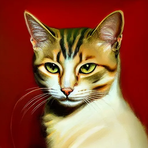 Image similar to playful cat, plain background, ( in the style of jc leyendecker ), phil hale, angular, brush strokes, painterly, crisp, portrait of a cat, cat portrait painting