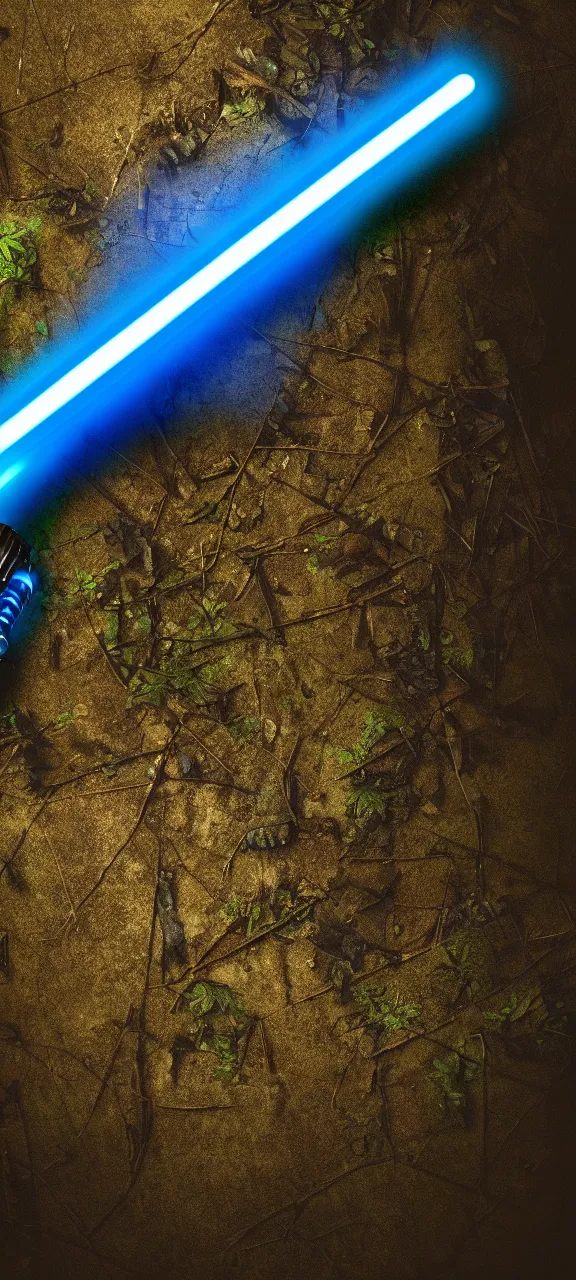 Image similar to detailed cinematic render, of a blue cyberpunk lightsaber lying vertically on a detailed forest floor, in a dark room, photo from above, octane render 8 k, digital art, lightsaber wallpaper 4 k, ray tracing, jedi fallen order lightsaber wallpaper 4 k, cal kestis lightsaber wallpaper