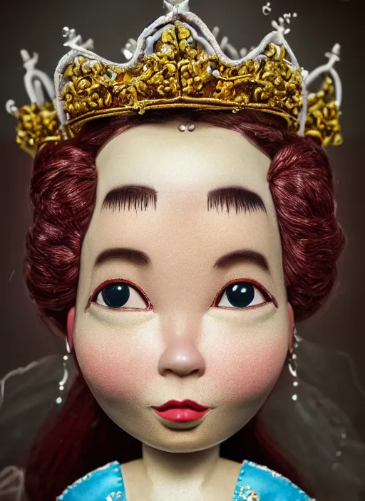 Image similar to closeup face profile portrait of tin toy bjork as a fairytale princess wearing a crown eating cakes, bikini, depth of field, zeiss lens, detailed, symmetrical, centered, fashion photoshoot, by nicoletta ceccoli, mark ryden, lostfish, breathtaking, 8 k resolution, extremely detailed, beautiful, establishing shot, artistic, hyperrealistic, octane render