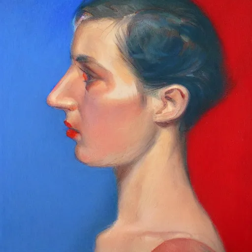 Prompt: profile portrait in chilean realist style ( 1 9 5 4 ), ultramarine blue, venetian red, titanium white, modeled lighting, detailed, expressive, shadows