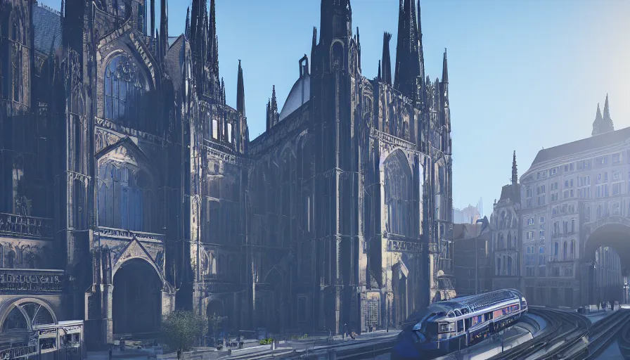 Image similar to neo - gothic berlin with blue doma train station, sunny day, volumetric light, hyperdetailed, artstation, cgsociety, 8 k