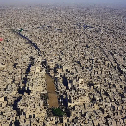 Image similar to the city of baghdad after 700 years, wide angle,
