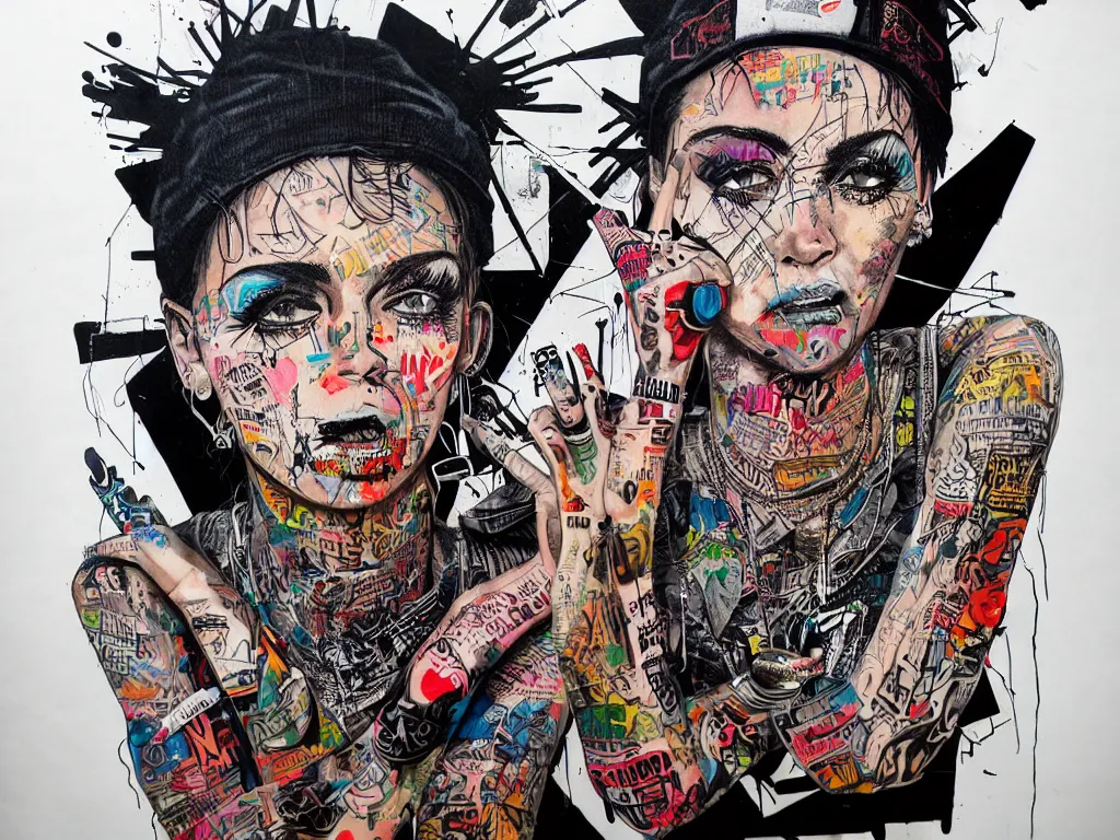 Image similar to a multilayered mixed media street art on paper bursting with nostalgic pop culture and hiphop references, punk and graffiti symbols and tattoo designs, sharp details and in focus, high resolution, flat evenly lit background, art by stikki peaches