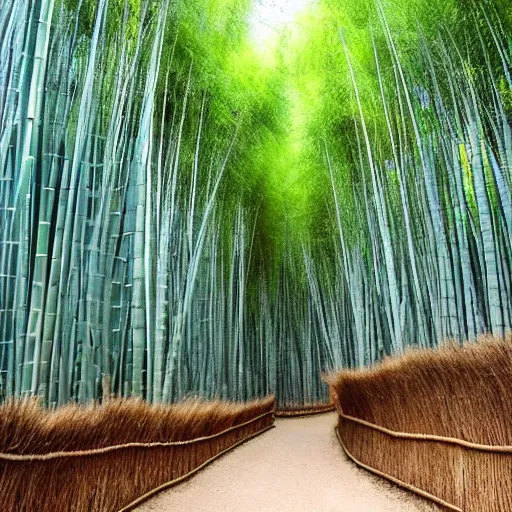 Prompt: mogan's bamboo forest, high - end cloud, deceasement can't go in. it is a strange thing that the bamboo forest is extremely clean. no one is cleaned up in the whole year, but there is someone else in the day ; why, what does it mean, sacred feelings