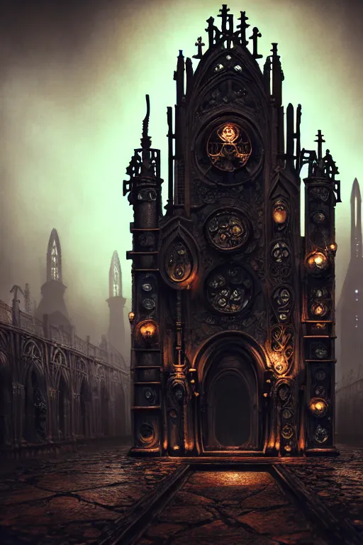 Image similar to steam necropolis, memento mori, gothic, neo - gothic, art nouveau, hyperdetailed copper patina medieval icon, stefan morrell, philippe druillet, ralph mcquarrie, concept art, steampunk, unreal engine, detailed intricate environment, octane render, moody atmospherics, volumetric lighting, ultrasharp, ominous, unearthly