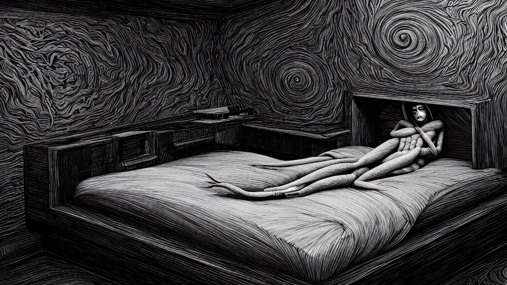 Image similar to comfortable bed that makes me want to sleep, hyperdetailed, artstation, cgsociety, style of Giger, H. R. GIGER, style of Junji Ito, 4K, highly detailed, minimalistic, minimalistic, minimalistic, fine tuned, machina