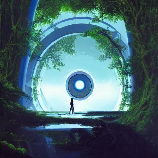 Image similar to portal in a middle of a lush futuristic forest, alien world seen through a portal, person in a cloak standing in front of a portal, syd mead, john harris