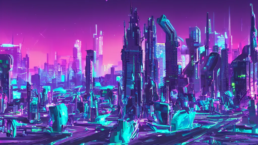 Prompt: a futuristic cityscape, in the style of Bascove, synthwave