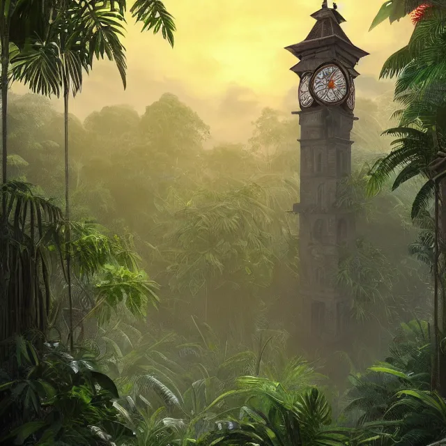 Image similar to a tall clock tower in a jungle!, mist, tropical trees, vines, birds, sunset!, fluffy clouds, warm colors, beautiful lighting, digital art, intricate details, trending on artstation