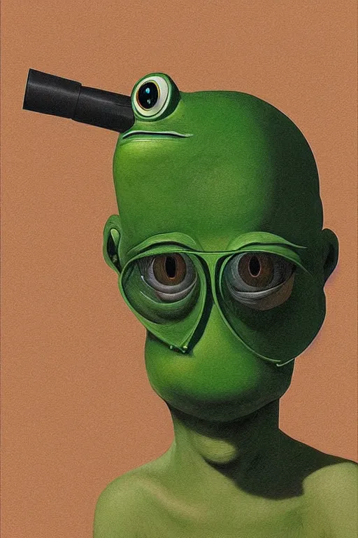 Prompt: Pepe frog wearing Oculus and trash bin over his head Edward Hopper and James Gilleard, Zdzislaw Beksisnski, higly detailed