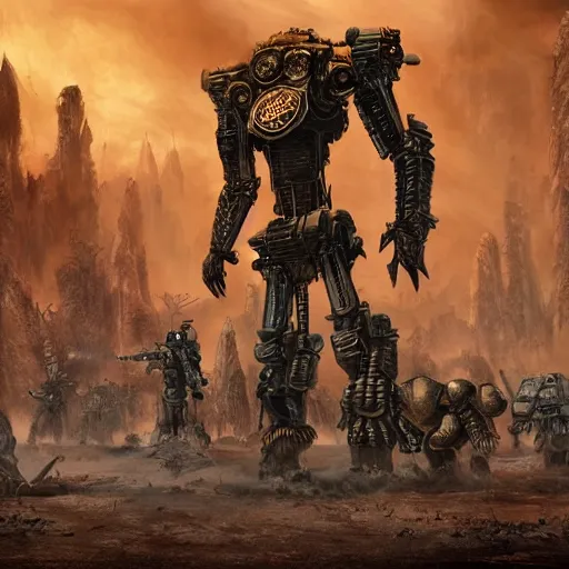 Prompt: gigantic bipedal humanoid war machine standing in a battlefield, steam punk, 70's sci-fi, highly detailed, deep aesthetic, 4k, highly ornate intricate details, cinematic lighting, rich colors, digital artwork, ray tracing,