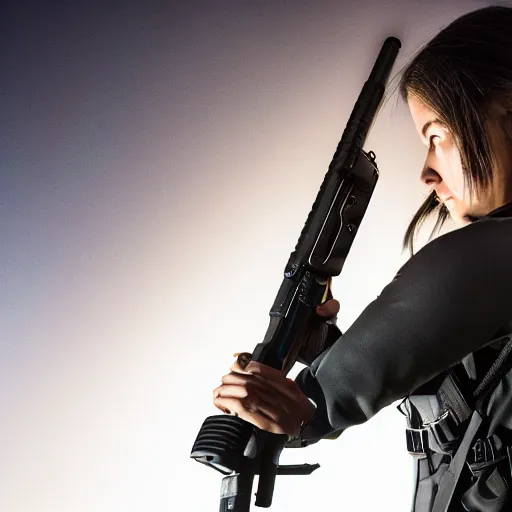 Image similar to photographic portrait of a techwear woman holding a shotgun, closeup, on the rooftop of a futuristic city at night, sigma 85mm f/1.4, 4k, depth of field, high resolution, 4k, 8k, hd, full color, Die Hard, movies with guns, movie firearms, face closeups