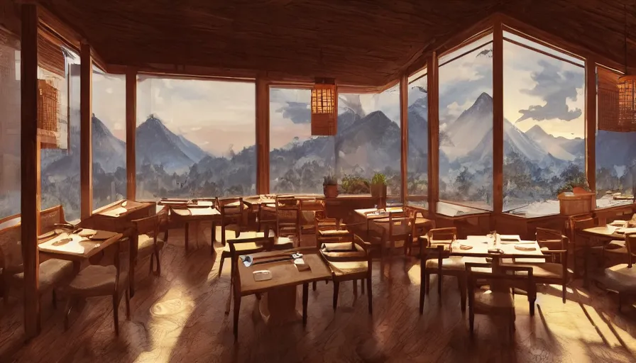 Prompt: interior of a classic japanese restaurant with mountains, sunrise through windows, rustic, hyperdetailed, artstation, cgsociety, 8 k