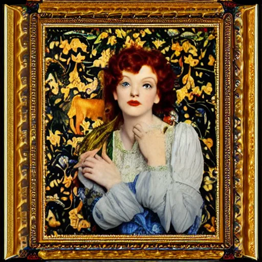 Image similar to preraphaelite portrait photography masterpiece hybrid of judy garland and florence welch, reclining, william holman hunt, ford madox brown, brown hair fringe, yellow ochre ornate medieval dress, william morris, framed 4 k