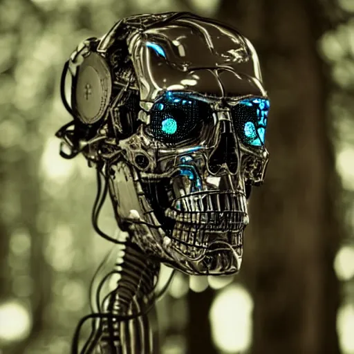 Image similar to super detailed portrait of a terminator's head, packed with cybernetics and and borg enhancements and has optic fibers inside. In a forest with bokeh.