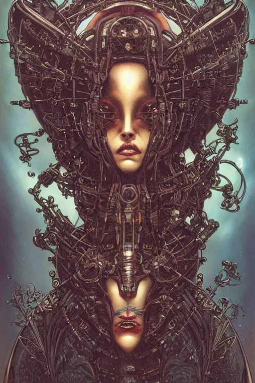 Image similar to portrait of mad alien robot queen, symmetrical, by yoichi hatakenaka, juan gimenez, brom, karol bak, alphone mucha, gustave dore, takato yamamoto, james jean