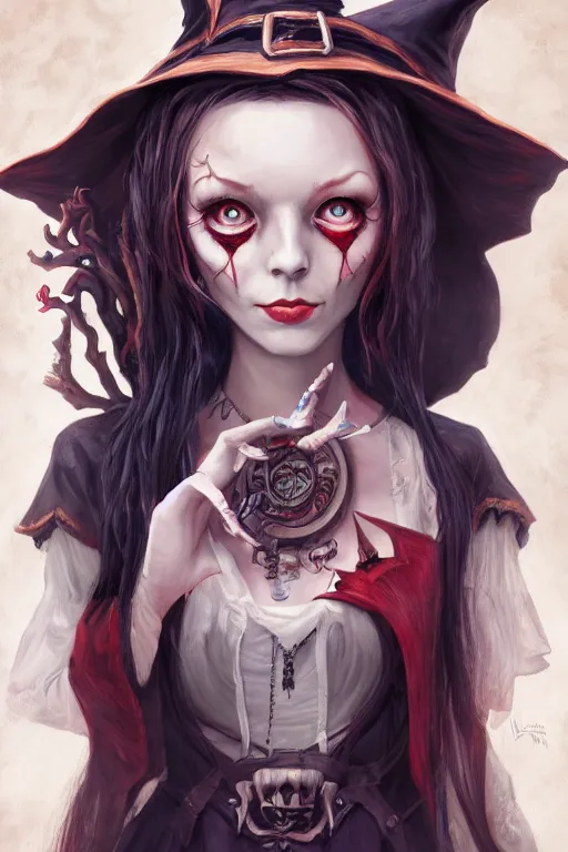 Image similar to portrait of a witch, american mcgee's alice, sharp focus, artstation, trending, by julie dillon, luis melo, tyler miles lockett, lei jin, hong lei, ken wong, adam narozanski, joy ang