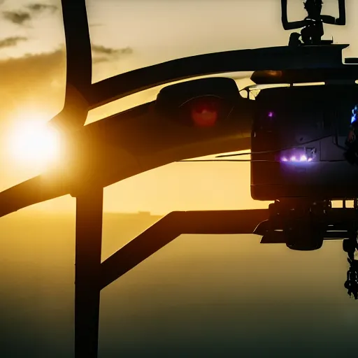 Image similar to film still of futuristic movie. Scene with a cyborg man hanging on a helicopter. Sigma 85mm f/1.2