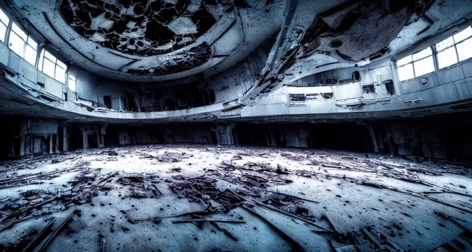 Image similar to ultra wide angle aesthetic ridley scott and denis villeneuve and gaspar noe style photography of a detailed abandoned spaceship, hyperrealism, ominous, darksynth, volumetric ambient light, 8 k