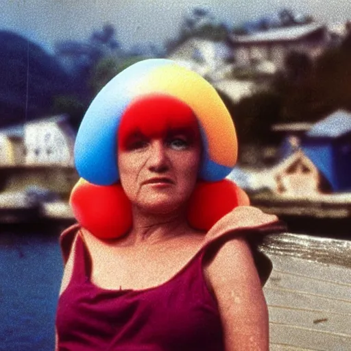 Prompt: 1976 middle aged woman wearing a transluscent inflatable toy head in a small fishing village 1976 French film archival footage technicolor film expired film 16mm Fellini new wave John Waters movie still