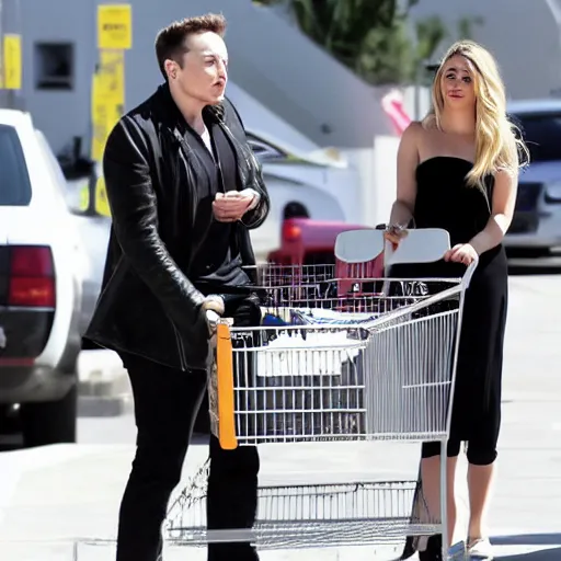 Image similar to Elon Musk and Amber Heard buying pampers at supermarket, paparrazi shot