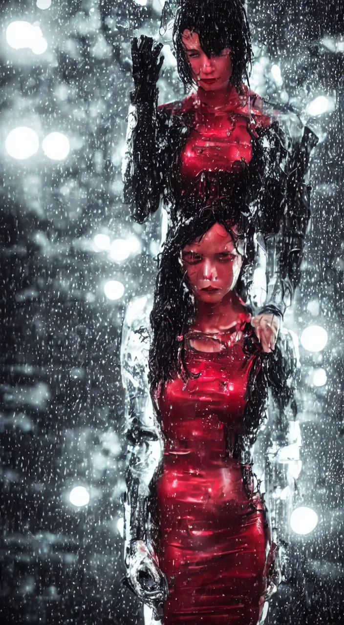 Prompt: woman, android, robot, cyberpunk, short black hair, tattoos, neon lights, hard light, lense flares, glamour, vogue photoshoot, fashion, short dress, red dress, sexy dress, upper body portrait, raindrops, rain, wet, wet fabric, wet make - up, leaky make - up, wet hair, red lipstick