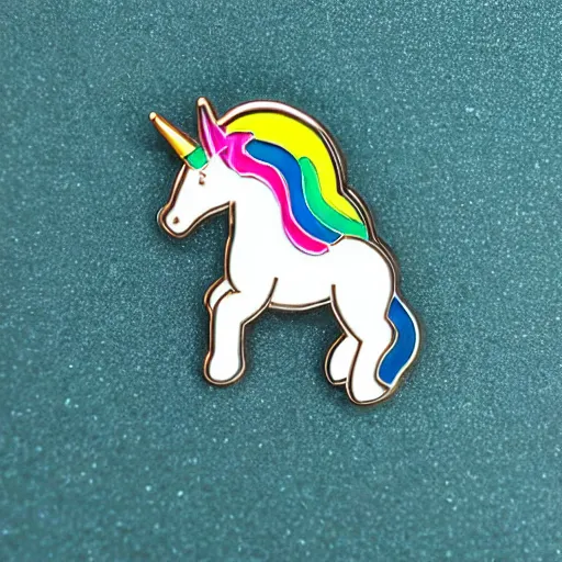 Image similar to glitter enamel pin of a white unicorn with rainbow mane, product photography
