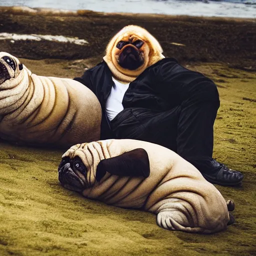 Image similar to a Walrus-Pug Hybrid, A Walrus that looks like a pug, huge tusks, afternoon hangout, good times photograph, candid