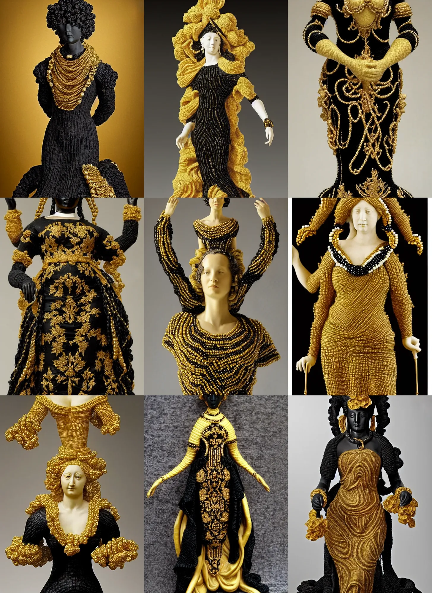 Prompt: a statue of a woman in a black and gold dress, a flemish baroque sculpture by pedro roldan, trending on pinterest, baroque, flemish baroque, made of beads and yarn, ornate