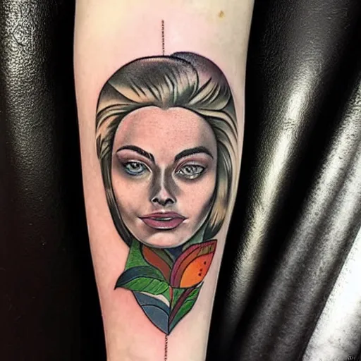 Prompt: surrealist tattoo design of margot robbie and nature mash up, in the style of arlo dicristina, amazing detail