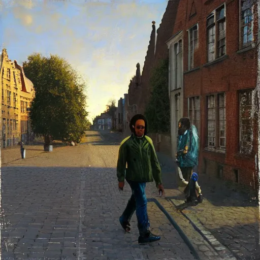 Image similar to bob marley walking in bruges, painted by scott listfield, sunny, happy