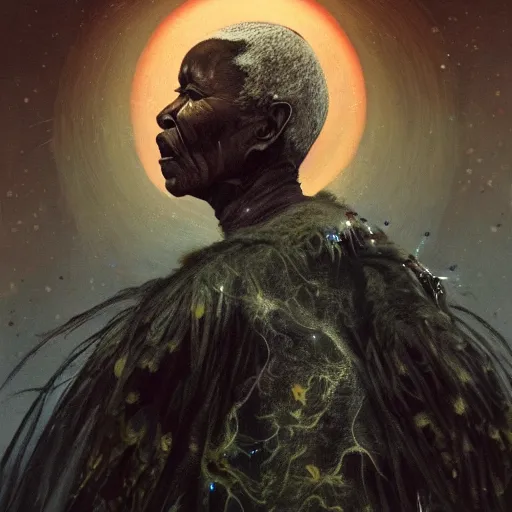 Image similar to a painting of a wise elder from Kenya by Wangechi Mutu . dramatic angle, ethereal lights, details, smooth, sharp focus, illustration, realistic, cinematic, artstation, award winning, rgb , unreal engine, octane render, cinematic light, macro, depth of field, blur, red light and clouds from the back, highly detailed epic cinematic concept art CG render made in Maya, Blender and Photoshop, octane render, excellent composition, dynamic dramatic cinematic lighting, aesthetic, very inspirational, arthouse.