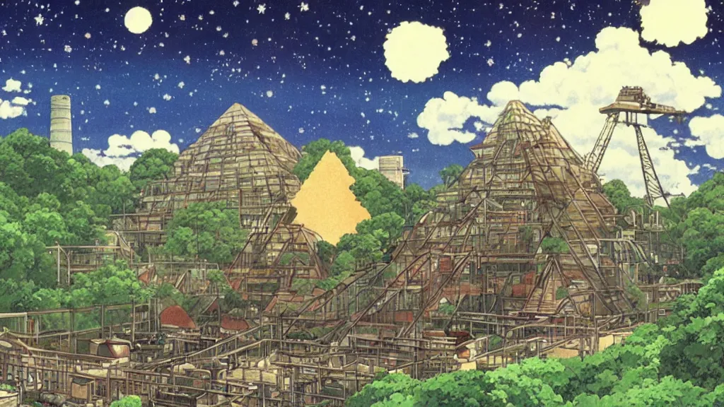 Image similar to a movie still from a studio ghibli film showing a huge industrial mining facility. a pyramid is under construction in the background, in the rainforest on a misty and starry night. a ufo is in the sky. by studio ghibli