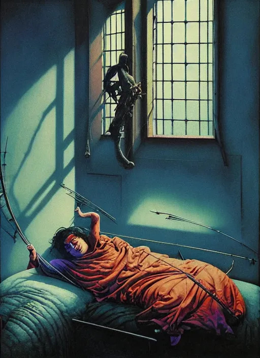 Prompt: small boy sleeping in a bed in an old soviet apartment. Boy looking at the window, behind the window there is a dead native american standing archer at blue night by Ayami Kojima, Amano, Karol Bak, Greg Hildebrandt, and Mark Brooks, Neo-Gothic, gothic, rich deep colors. Beksinski painting, part by Adrian Ghenie and Gerhard Richter. art by Takato Yamamoto. masterpiece. realistic detailed image