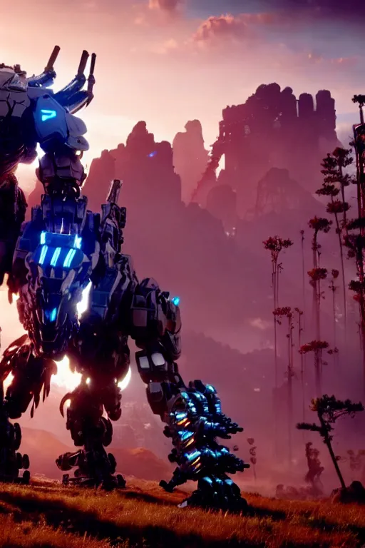 Image similar to a cinematic still from horizon zero dawn and pacific rim and westworld, full body mech, armored core, intact humanoid servo, octane render, nvidia raytracing demo, masterpiece, aged armor plating, decipticon armor plating, aggressive head, endoekeleton exposure