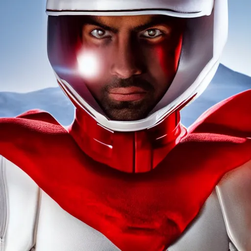 Image similar to headshot of a tall athletic muscular infantry man in glossy sleek white armor with tiny red details and a long red cape, heroic posture, strong jawline, on the surface of mars, night time, dramatic lighting, cinematic, sci-fi, hyperrealistic