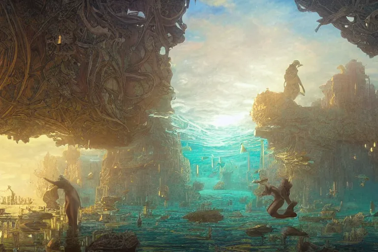 Image similar to a scenic landscaping view of the lost city of Atlantic city under water, ray of sunlight, mermaids in distance, Greg Rutkowski, Moebius, Mohrbacher, Mucha, blue and gold color scheme