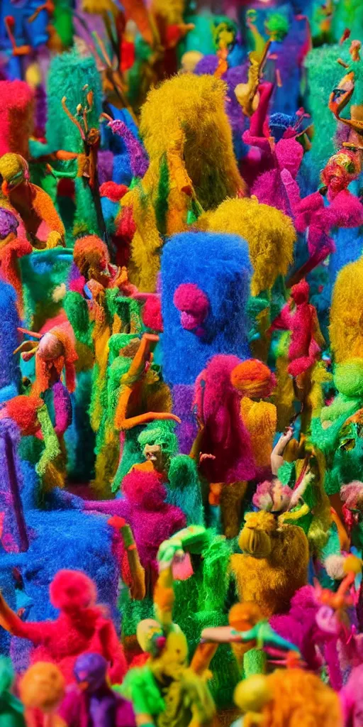 Prompt: group of giant rainbow-colored people dancing in a forest made out of fluffy pipecleaners in the style of Jean-Michel Basquiat, 3D cinematic lighting, spotlight at a 90 DEGREE ANGLE, photorealism, octane render, depth of field, 8k, 35mm, artgem, Trending on artstation